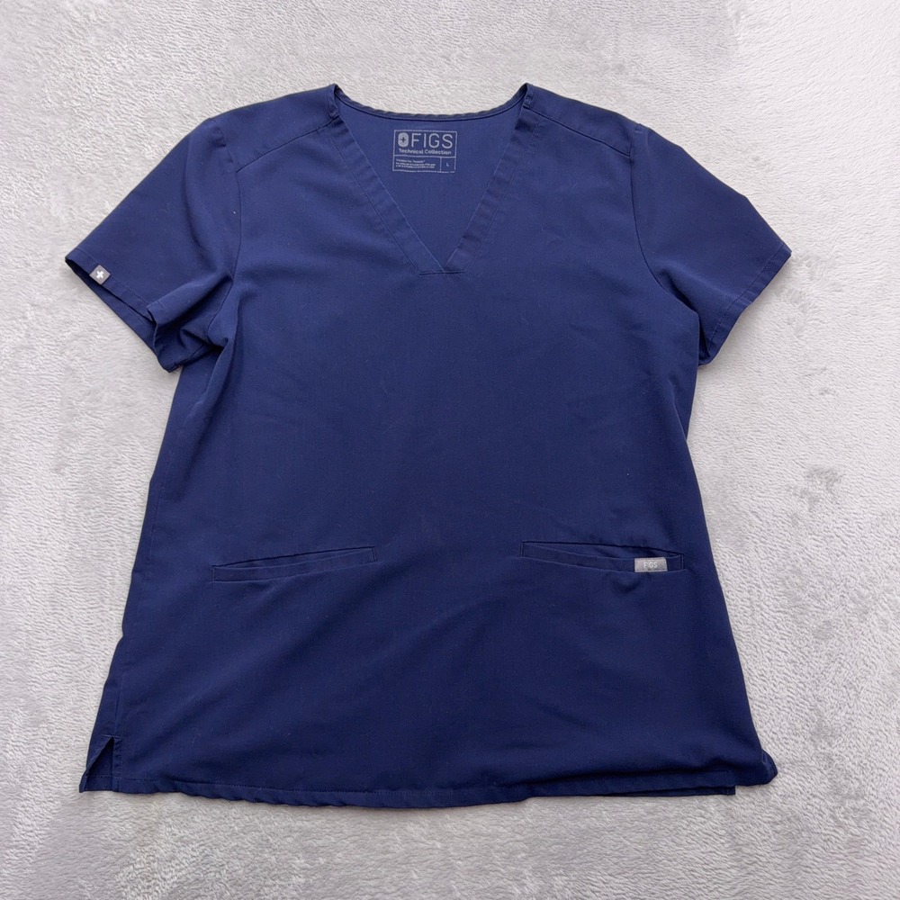 Figs Scrub Top Womens L Navy Blue Technical Collection V-Neck Pockets Short